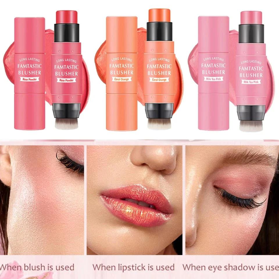 Double Ended Blush Stick With Brush, Waterproof Facial Makeup, Face Moisturizing Brighten Blusher