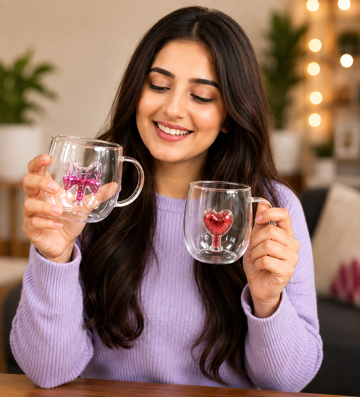 Double Wall Glass Coffee Mug, Transparent Heart & Bow Coffee Mugs, Cute Decorative Glass Tea Cup