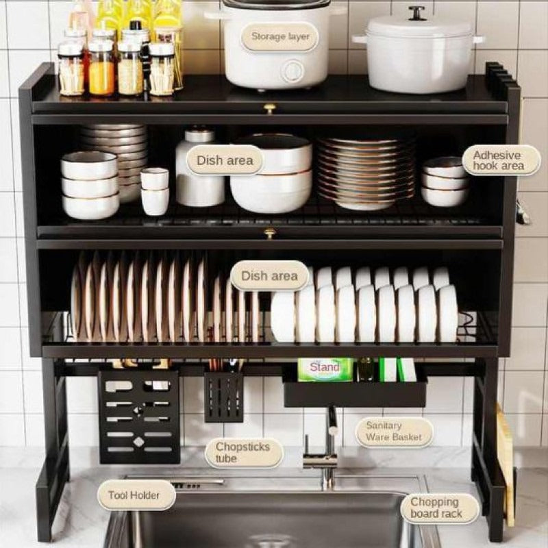 Multifunctional Flip Kitchen Dish Rack, Over Sink Countertop Kitchen Storage Shelf, Metal Cabinet Door Crockery Shelf, Expandable Sink Drainer Drying Rack with Door, Telescoping Dish Storage Rack