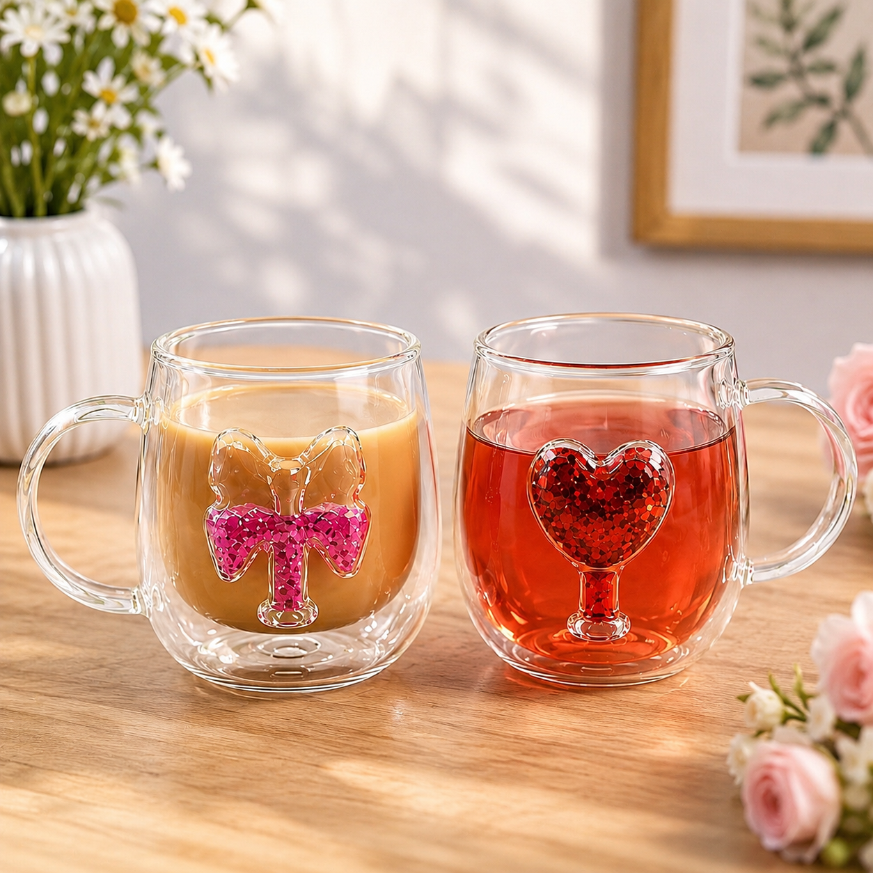 Double Wall Glass Coffee Mug, Transparent Heart & Bow Coffee Mugs, Cute Decorative Glass Tea Cup