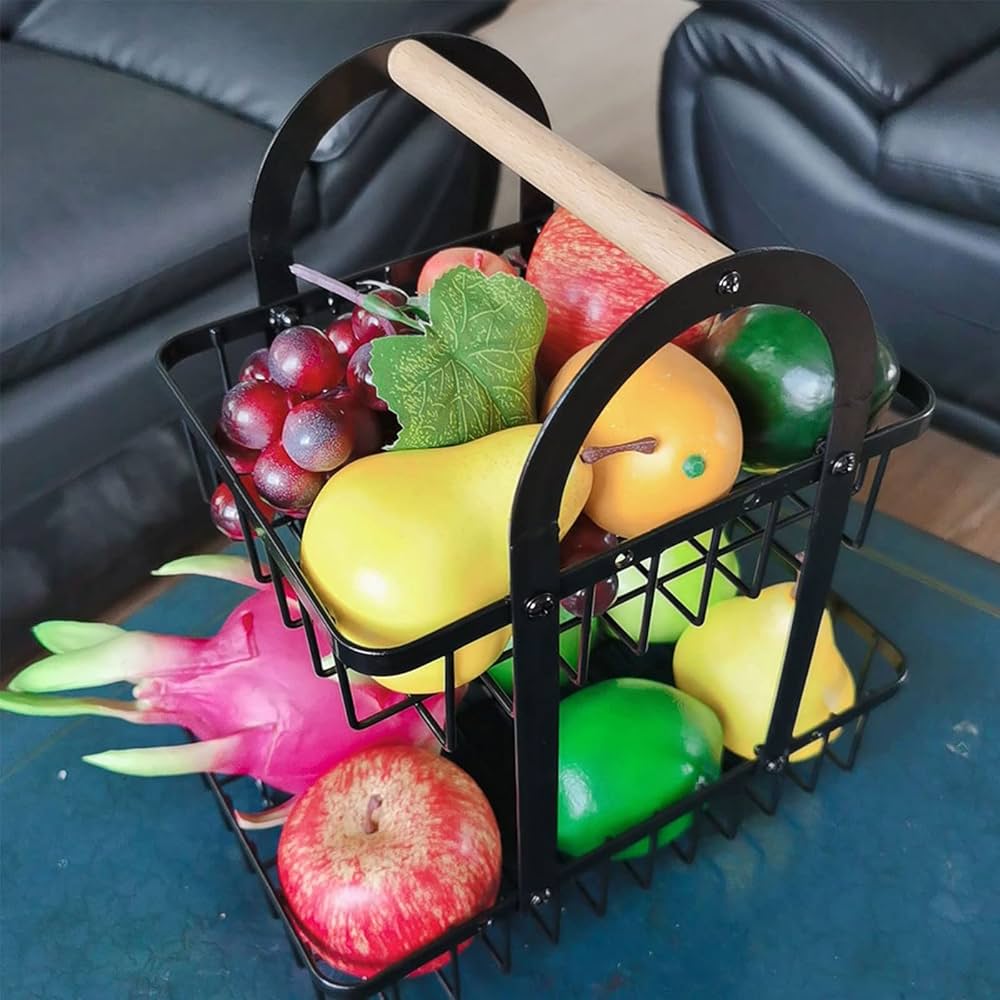 2 Tier Iron Fruit Basket With Wooden Handle, Kitchen Countertop Storage Rack, Wrought Iron Detachable Storage Holder