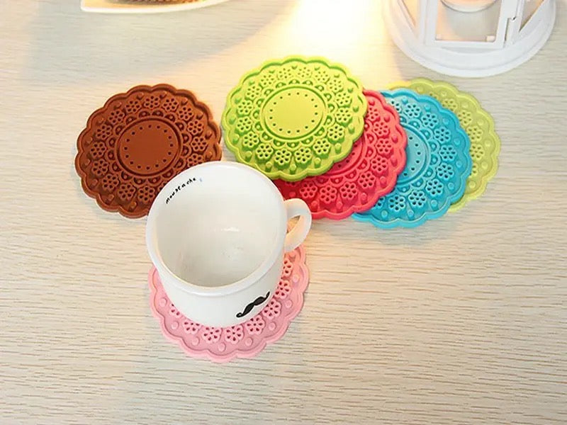 6pcs Semi-Transparent Candy Color Cup Mat, Mat Lace Cup, Creative Nonslip Cup Pad