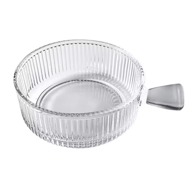 Elegant Ribbed Glass Bowl With Handle, Tableware Glass Salad Bowl, Transparent Glass Food Bowl,     Ribbed Glass Yogurt & Dessert Bowl