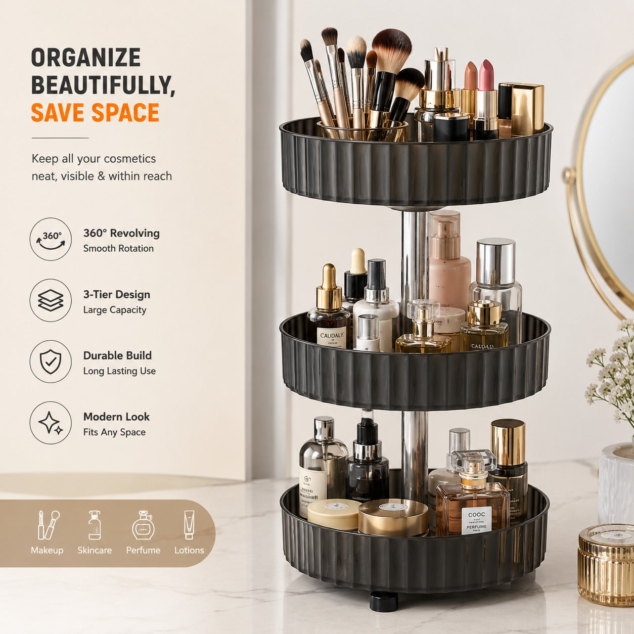 Royal Rotating Cosmetic Organizer, Rotating Vanity Storage Shelf, Multifunction Makeup And Skincare Organizer