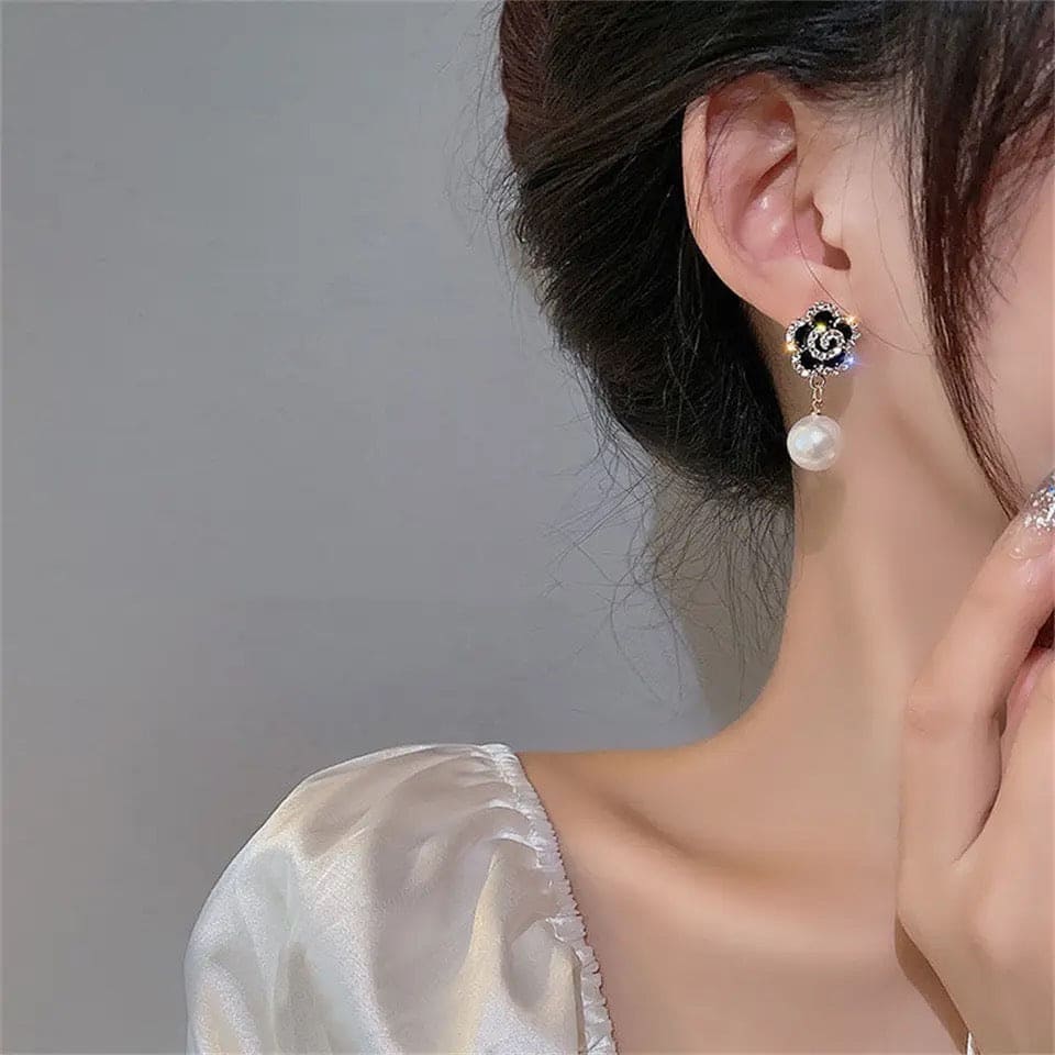 Black Rose Pearl Earring, Luxury's Imitation Flower Pearl Earring, Elegant Charm Flower Dangler Drop Earrings, Adolph Trending Rose Flower Drop Earring