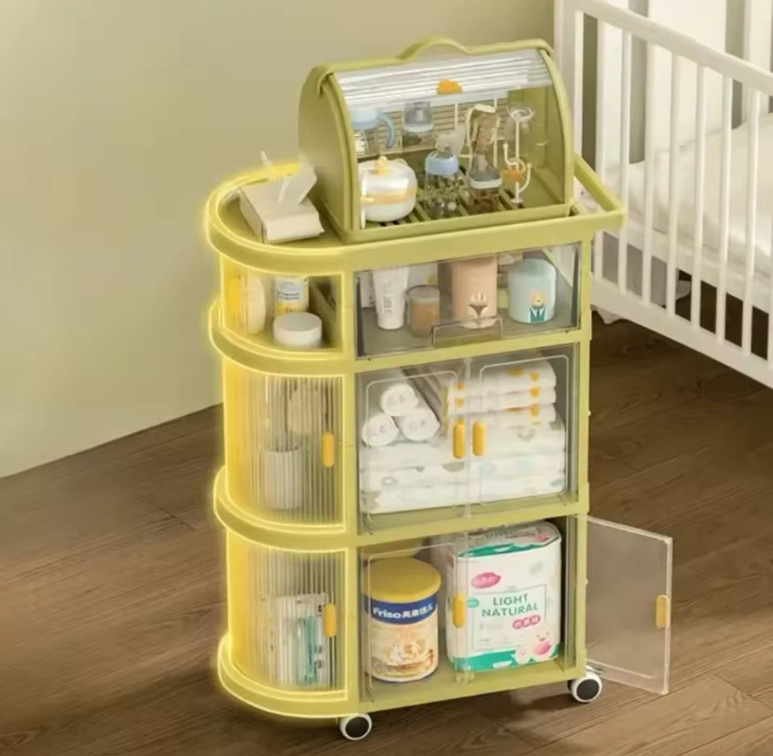 Foldable Baby Rack Trolley With Wheels, Multi Layer Sundries Storage Organizer, Movable Snack Storage Rack