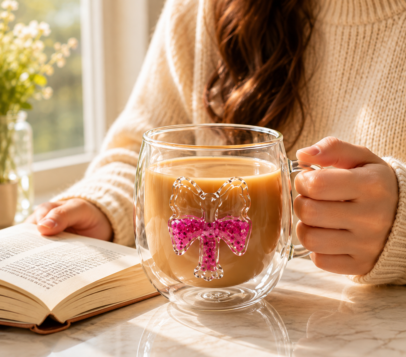 Double Wall Glass Coffee Mug, Transparent Heart & Bow Coffee Mugs, Cute Decorative Glass Tea Cup