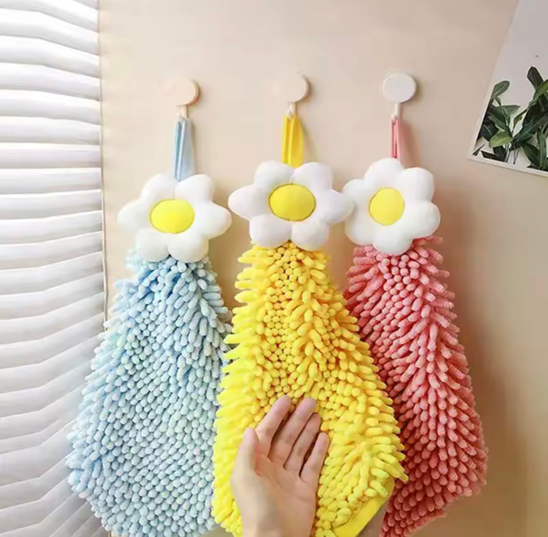 Set Of 3 Chenille Hand Towel with Hanging Loops, Sun Flower Thickened Absorbent Dish Cleaning Cloth, Kitchen Cleaning Towel