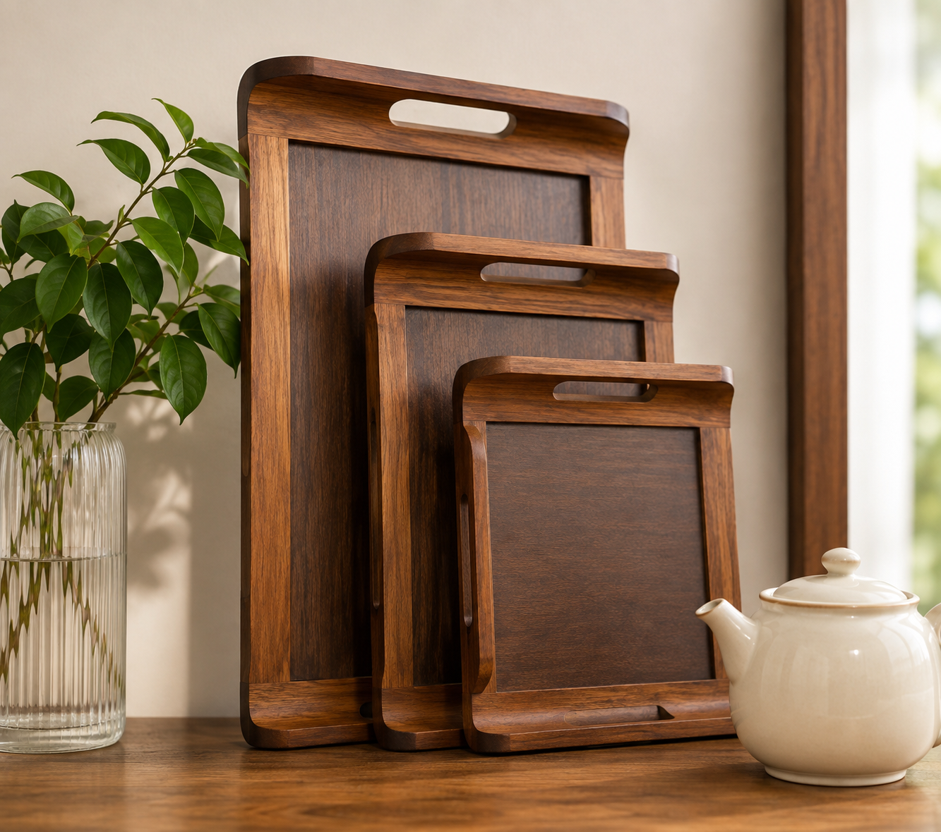 3Pcs Wooden Serving Tray Set with Handle, Multipurpose Wooden Serving Tray Set, Bamboo Style Wooden Serving Tray, Kitchen Serving Tray Set