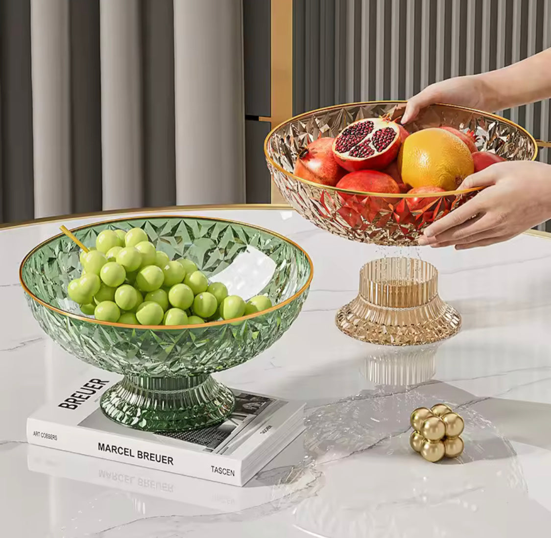 Luxury Fruit Bowl with Gold Rim, Elegant Crystal Pedestal Fruit Serving Bowl, Multipurpose Diamond Cut Fruit Bowl with Gold Edge, Decorative Crystal Centerpiece Bowl