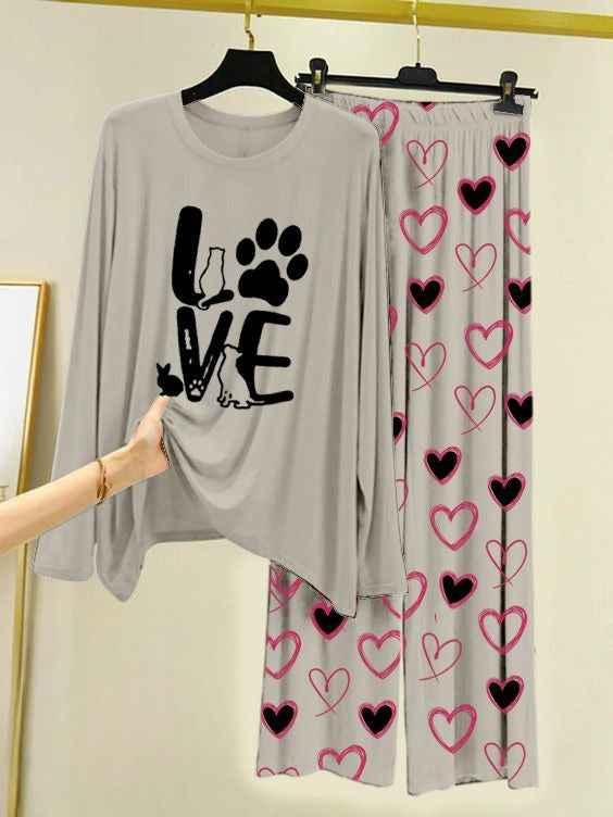 Printed Night Suit With Trouser, Sleep Wear Comfy Dress For Women, Cute Cartoon design Shirts And Heart Print Trouser