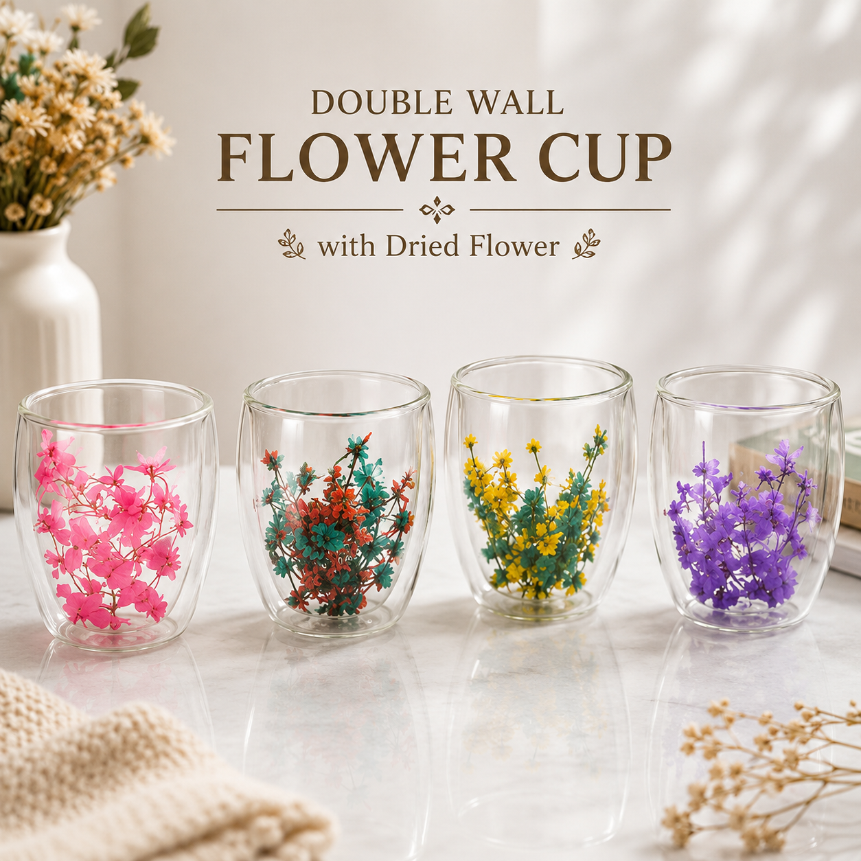 Double Wall Flower Glass Cup, Dried Flower Glass Cup, Transparent Beverage Mug, Chai Glass Cup, Insulated Coffee Mug