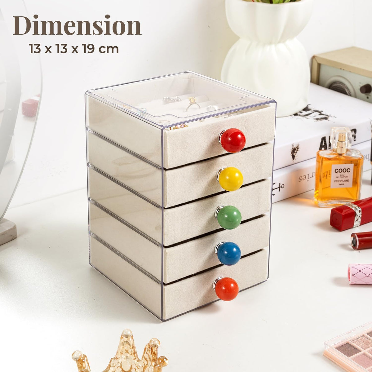 5 Tier Jewelry Organizer Box with Colourful Handle, Transparent Acrylic Jewelry Storage Organizer, Acrylic Jewelry Box with Ring Display Tray