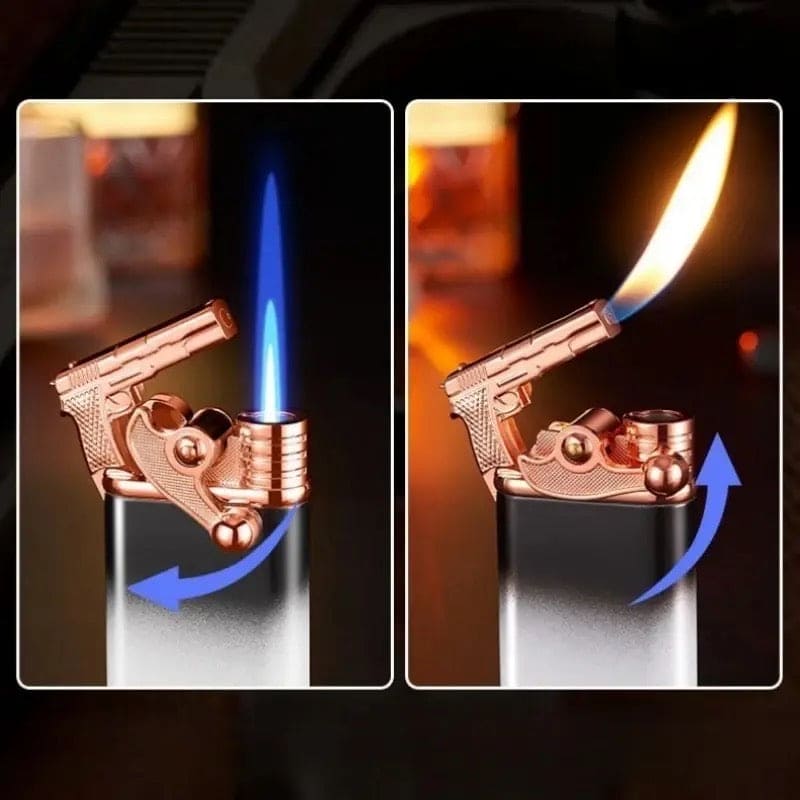 Gun Dual Flame Lighter, Rocker Arm Shape Lighter, Metal Inflatable Double Fire Lighter, Windproof Jet Turbo Lighter, Metal Double Flame Lighter, Open Fire Conversion Lighter, Creative Double Fire Flame Lighter, Butane Cigarette Lighter