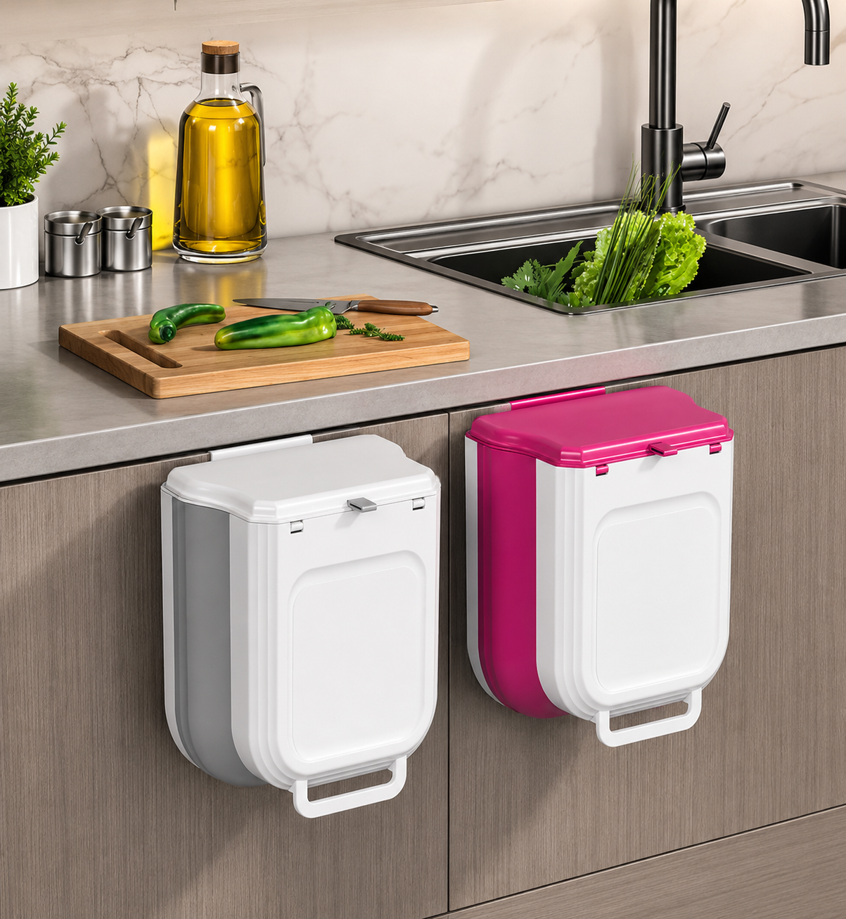 Smart Hanging Trash Bin, Compact Cabinet Garbage Bin, Smart Fold Kitchen Organizer Bin, FoldAway Kitchen Waste Bin