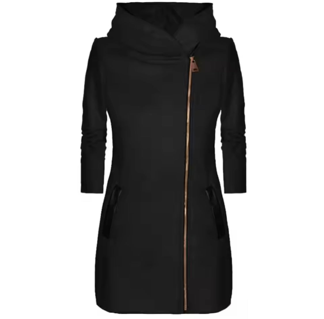 Women Long Leather Patch Side Zipper Jacket