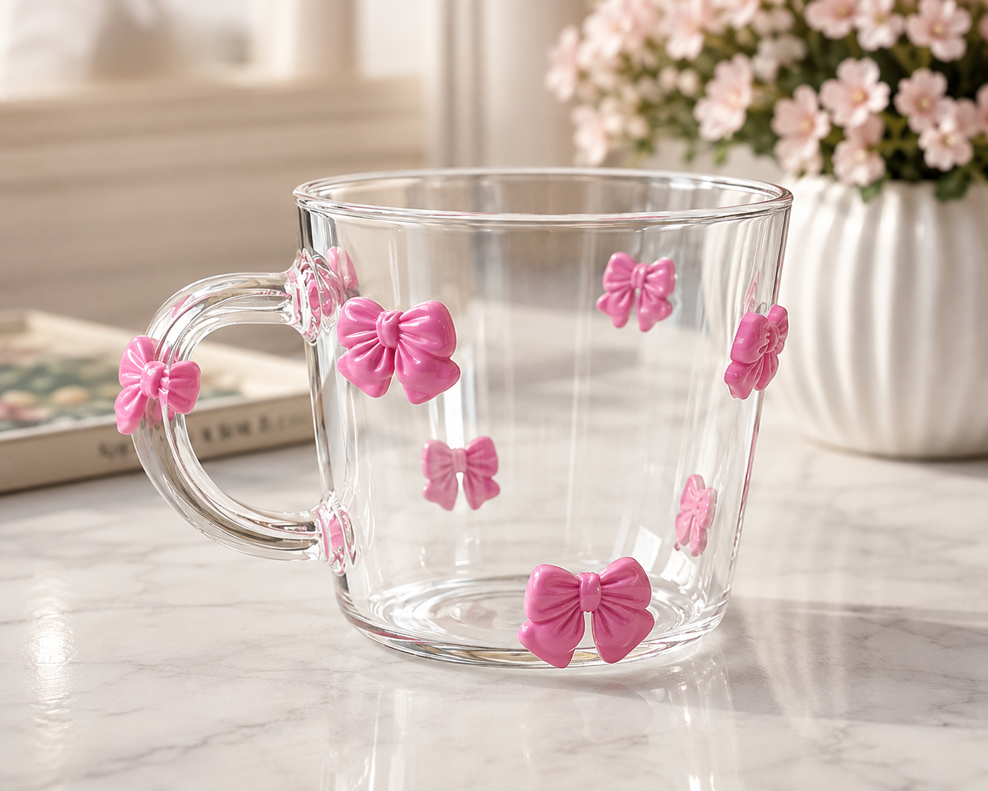 Cute 3D Bow Design Glass Cup, Aesthetic Bow Transparent Glass Mug, Elegant Coffee And Tea Cup, Adorable Bow Coffee glass Mug