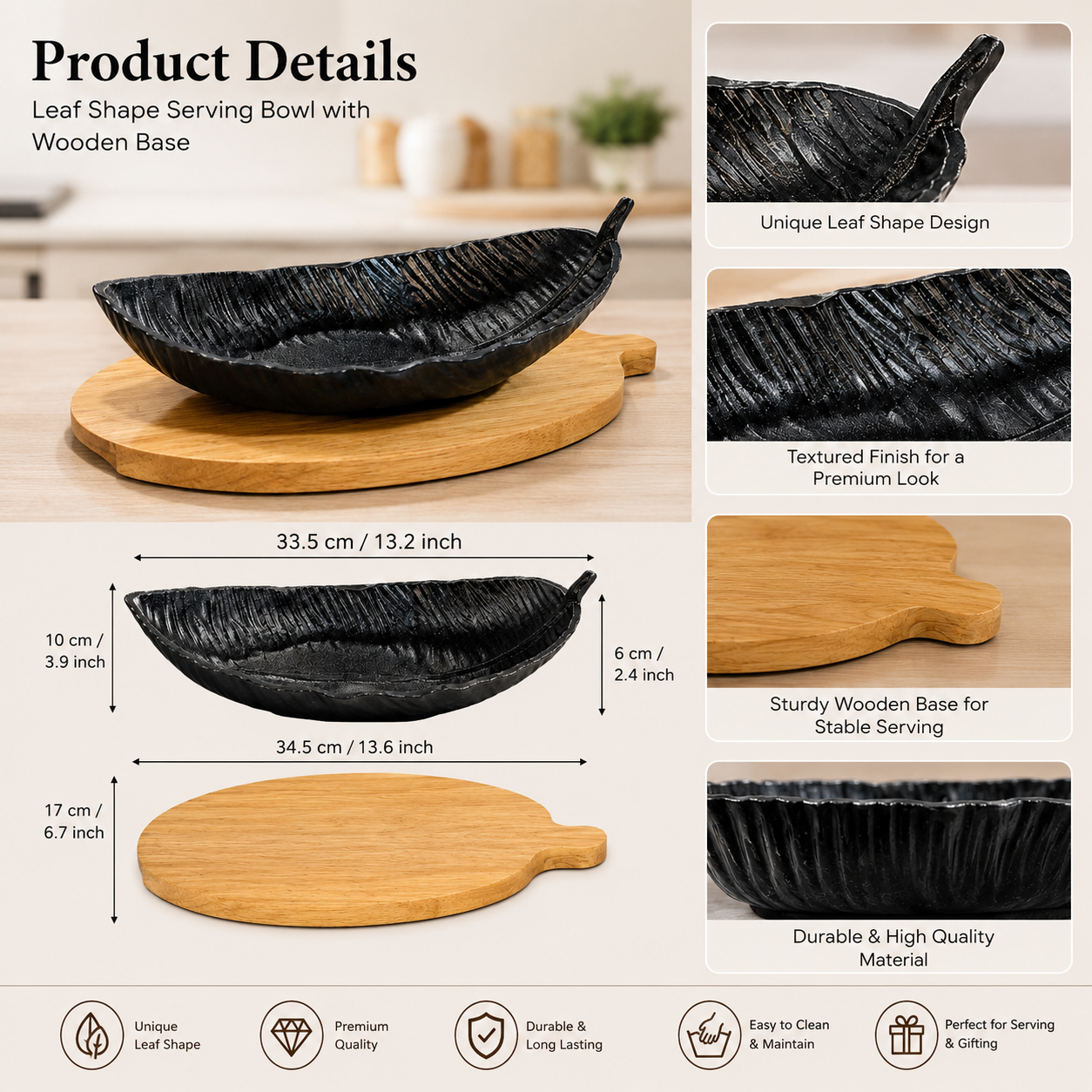 Elegant Leaf Shaped Serving Platter with Wooden Stand, Decorative Leaf Fruit Bowl, Luxury Tabletop Leaf Serving Dish, Leaf Centerpiece Bowl