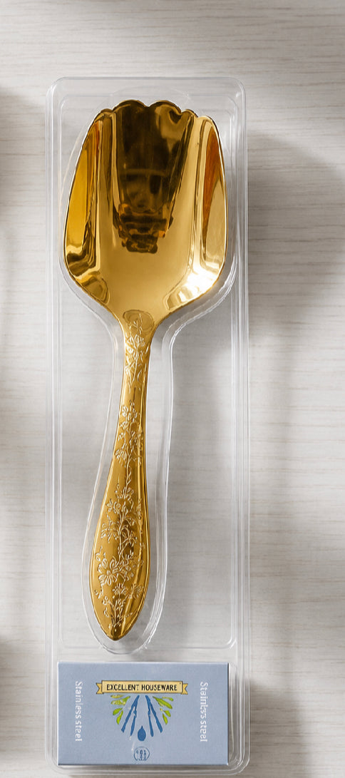 Decorative Gold Kitchen Serving Spoon, Elegant Dining Serving Utensils Spoon, Stainless Steel Gold Serving Spoon Spoons, Vintage Floral Gold Serving Spoon