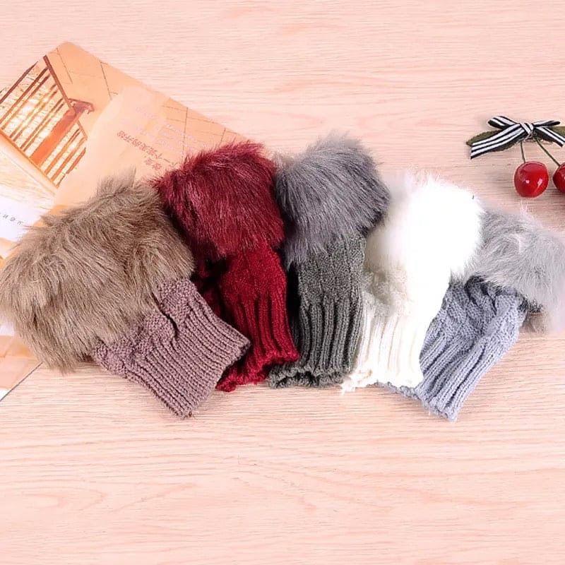 Fingerless Winter Gloves, Rabbit Fur Mitten Gloves, Faux Fur Fluffy Winter Gloves, Woolen Crochet Knitted Wrist Warmer Glove, Winter Half Finger Gloves, Warmer Stylish Gloves