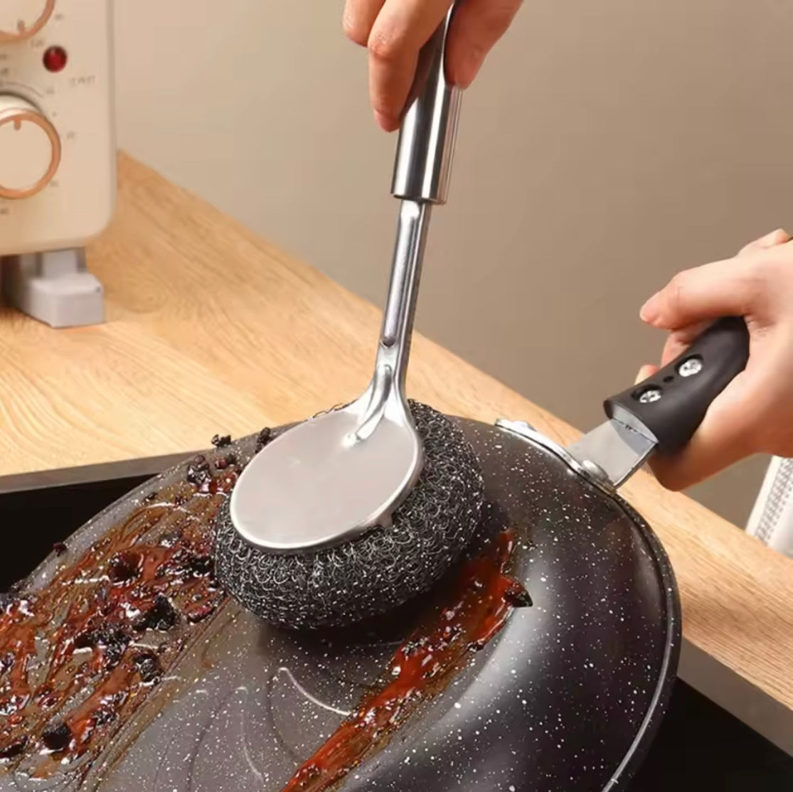Long Handle Stainless Steel Wire Ball Brush, Strong Decontamination Sink Brush, Durable Extended Wire Dishwash Brush