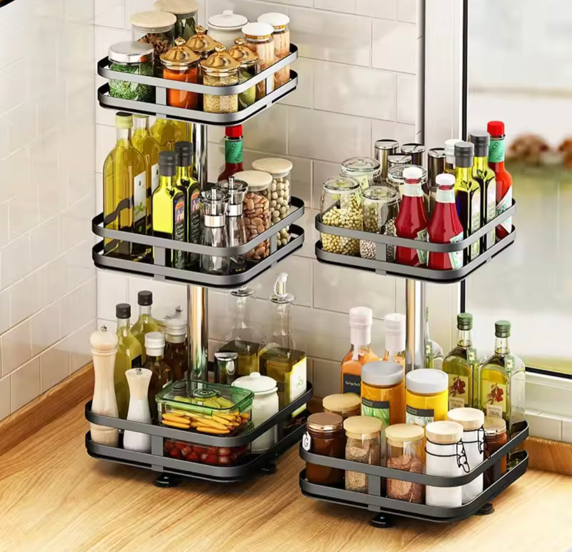 360° Rotation Spice Rack Organizer, Multi Layer Carbon Steel Kitchen Storage Rack, Non Skid Base Kitchen Storage Rack