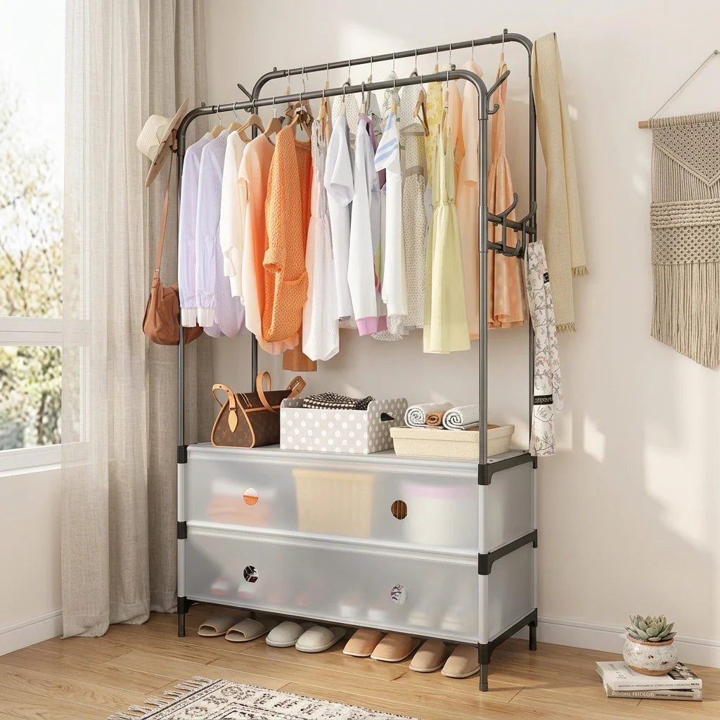 Dual Pole Clothes Rack With Shoe Storage, Simple Clothes Storage Shelf, Bedroom Living Room Hanger, Living Room Clothes Storage Rack