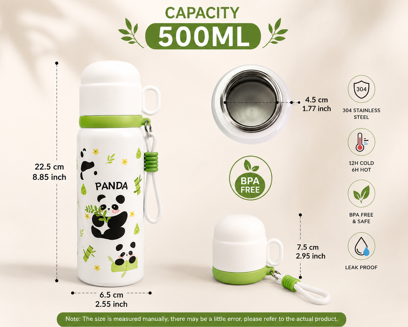 500ml Kids Panda Vacuum Insulated Bottle, Stainless Steel Kids Panda Thermal Bottle, Double Wall Insulated Flask