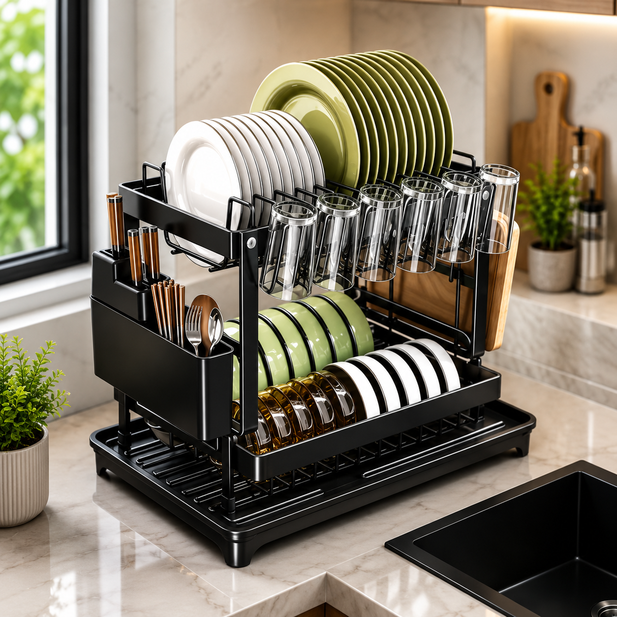 Premium 2 Tier Dish Drying Rack, Space Saving Dish Drying Stand, Countertop Dish Rack With Drainage Tray