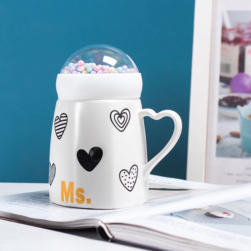 Mr Mrs Mug With Globe Lid, 500ml Large Capacity Couple Mug, Ceramic Coffee With Snow Ball Cap
