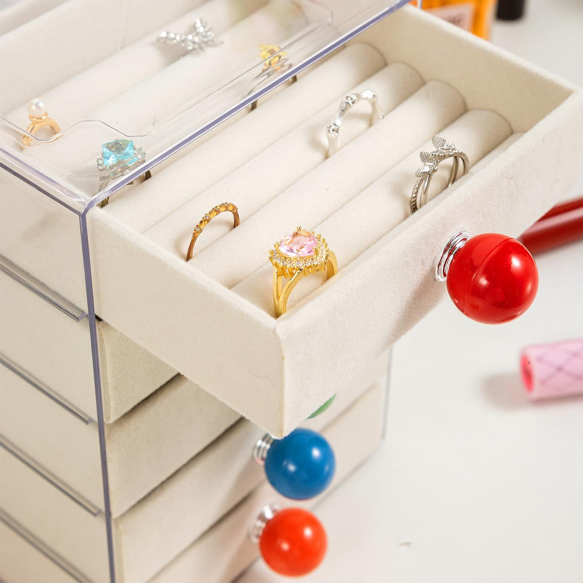 5 Tier Jewelry Organizer Box with Colourful Handle, Transparent Acrylic Jewelry Storage Organizer, Acrylic Jewelry Box with Ring Display Tray