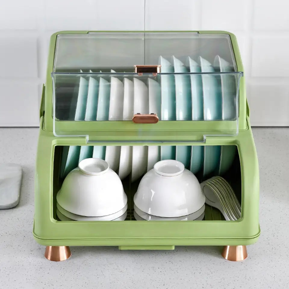 Double Layer Kitchen Dish Rack with Lid, Dustproof Dish Rack Organizer, Kitchen Dish Drying Rack, Multifunctional Storage Organizer