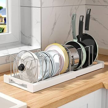 Expandable Pans Organizer Rack, Adjustable 7 Compartments Dish Storage Rack, Pot Lid Organizer, Kitchen Utensils Rack
