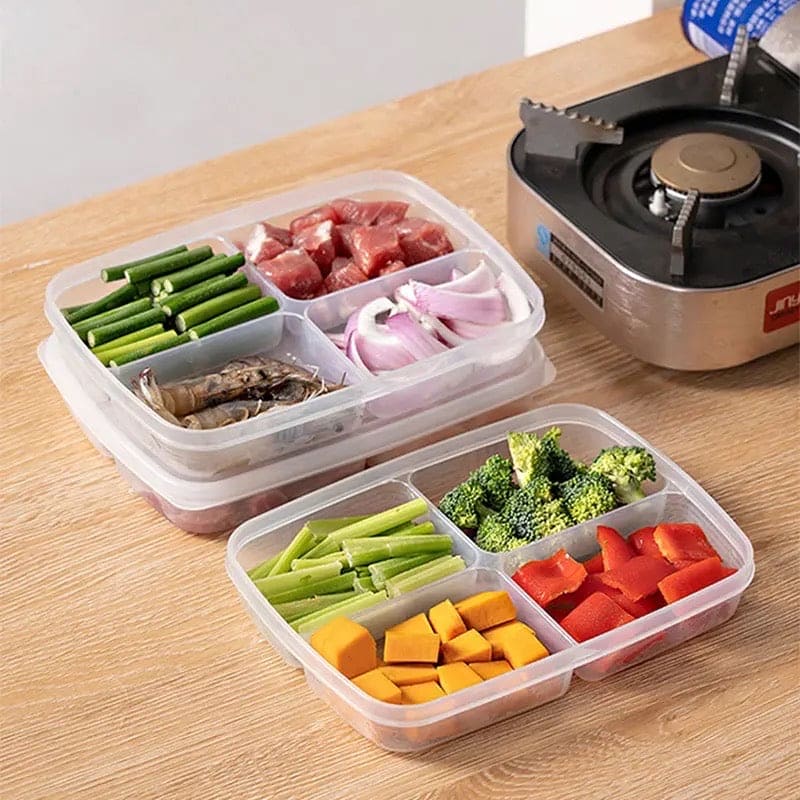 4 Grid Plastic Becon Box, Four Compartment Food Storage Box, Reusable Preservation Box With Lid, Plastic Refrigerator Storage Box Organizer, Food Storage Container with Lid for Refrigerator, Multipurpose Food Fridge Keeper