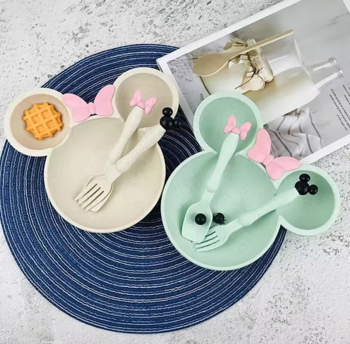 Mickey Mouse Plate Set With Spoon And Fork, Kids Cartoon Dinner Plate Set, Kids Feeding Plate With Spoon Set