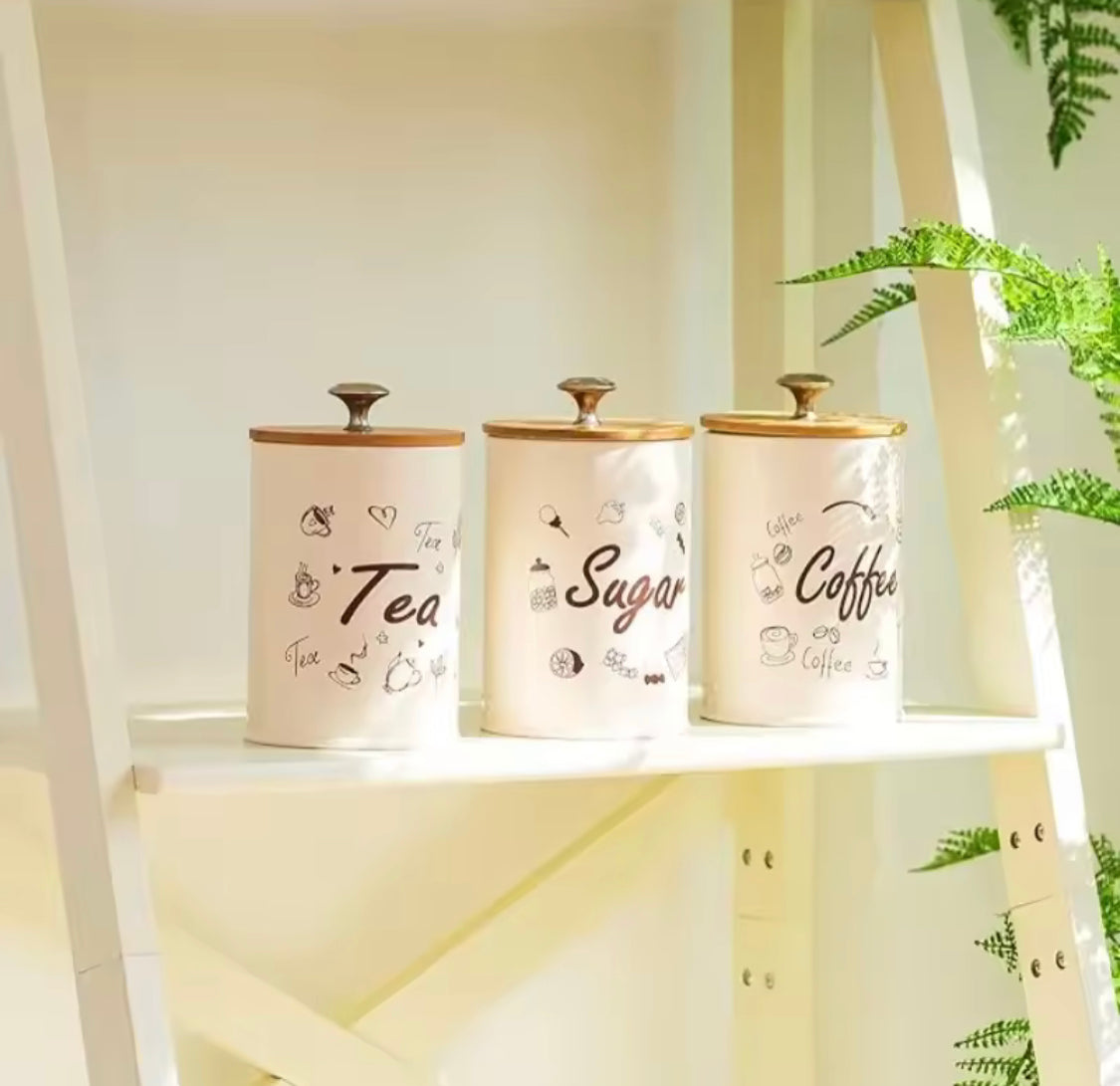 3pcs Coffee Tea And Sugar Jar With Lid, Moisture Proof Kitchen Storage Airtight Cans, Coffee Beans Tea Snacks Sealed Container, Seasoning Bottle Spice Jars, Stainless Steel Kitchen Storage Pots