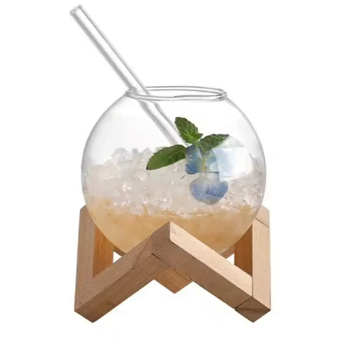 Round Unique Design Ball Shape Glass Cup, Crystal Round Ball Beverage Cup With Wooden Stand, Unique Shape Glass Straw Cup
