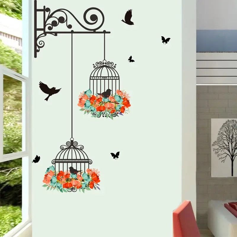 Bird Cage Wall Sticker, Household Colorful Flower Bird Cage Wallpaper, Home Decor Living Room Decals Sticker, Wall Art Decorative Wall Stickers, Self Adhesive Murals Wallpaper, Living Room Wall Stickers, Vinyl Wall Decals Wall Sticker
