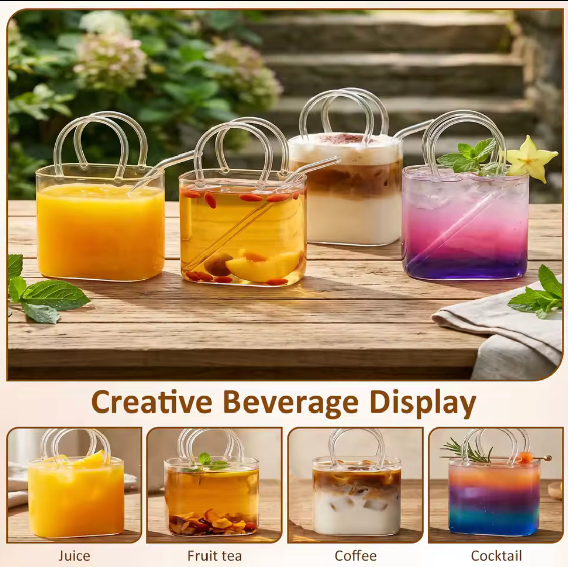 Portable Glass Sipper Bag With Straw, Aesthetic Glass Sipper Mug With Handle, Modern Glass Handbag Cup, Glass Purse Sipper With Straw