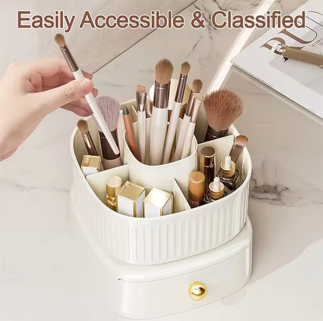 5 Grid Spinning Makeup Organizer, Desktop Makeup Organizer, Makeup Brush Holder With Drawer, Desktop Vanity Organizer