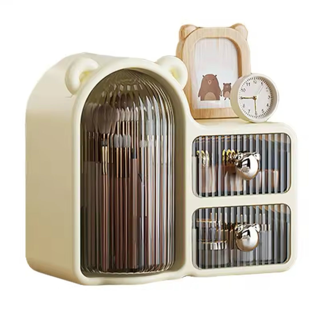 Rotating Desktop Bear Shape Storage Box, Desktop Organizer With 2 Drawers, Makeup And Brushes Organizer, Dressing Table Storage Box
