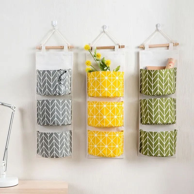 3 Pocket Hanging Storage Bag, Wall Pocket Hanging Holder, Multipurpose Sundry Storage Pocket, Linen Bathroom Toiletry Home Decor Hanging Bag, Creative Cotton And Linen Waterproof Storage Hanging Bag, Wardrobe Door Hanging Storage Bag