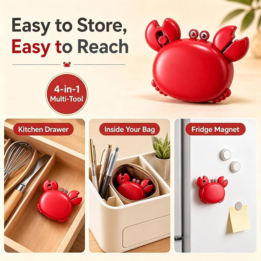 4 In 1 Magnetic Crab Bottle Opener with Mini Scissors, Multifunction Fridge Kitchen Tool with Strong Magnet, Compact Bottle Cap Opener, Kitchen Gadget