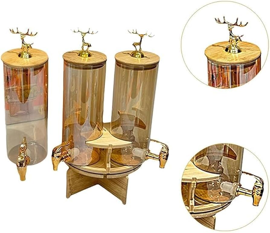3 In 1 Rotating Glass Beverage Dispenser With Deer Lid,  High Borosilicate Beverages Dispenser With 3 Tap, Glass Beverage Dispenser Set with Stand, Tabletop Beverage And Water Dispenser, Water Storage Glass Dispenser, Beverage Storage Jar