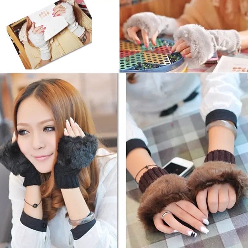 Fingerless Winter Gloves, Rabbit Fur Mitten Gloves, Faux Fur Fluffy Winter Gloves, Woolen Crochet Knitted Wrist Warmer Glove, Winter Half Finger Gloves, Warmer Stylish Gloves