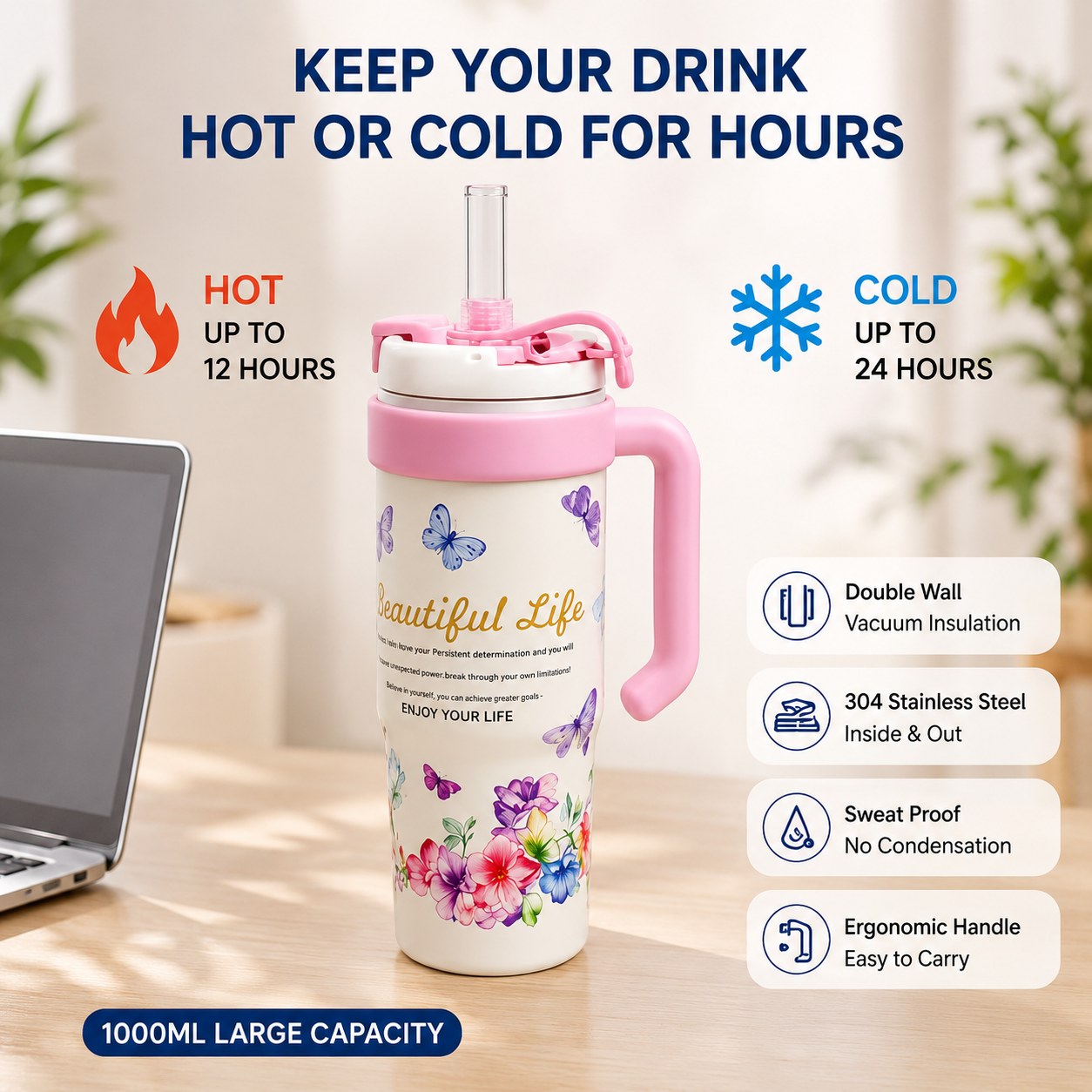 Insulated Vacuum Floral Tumbler with Handle, 1000ml Leak Proof Stainless Steel Travel Water Bottle, Floral Thermos Tumbler with Straw & Handle