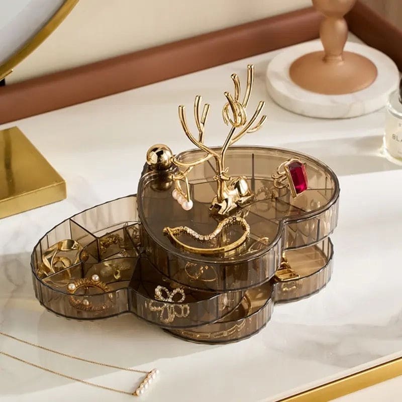 Little Deer Jewellery Organizer, 3 Layer Rotating Necklace Jewelry Box, Light Luxury Heart Desktop Sundries Makeup Organizer, Elegant Decorative Necklace Earrings Bracelet Container, Acrylic Jewelry Display Stand, Large Capacity Striped Box