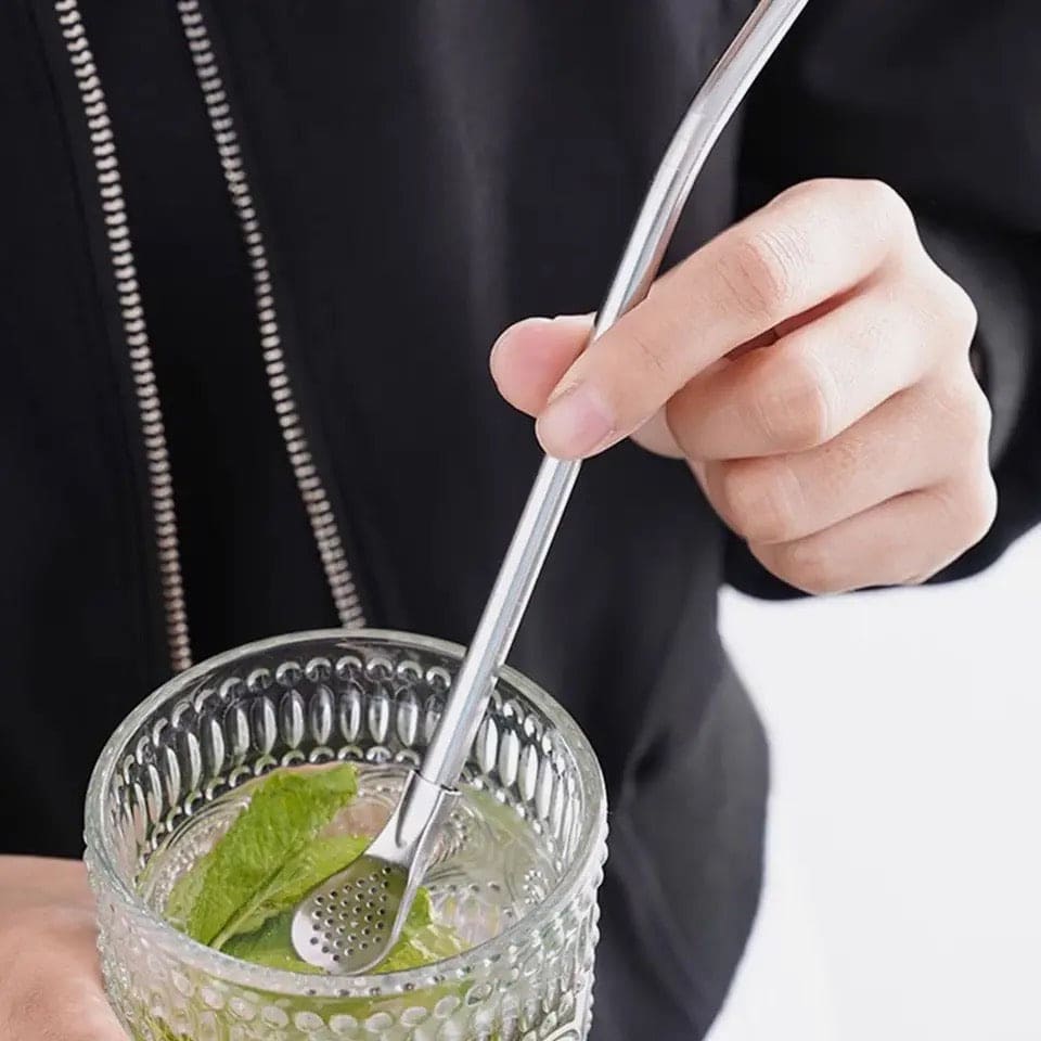 Steel Filter Spoon Straw, 3 In 1 Pole Spoon, Metal Straws Dinner Spoon Infuser, Washable Drinking Straw Filter, Tableware Juice Tea Coffee Spoon, Detachable Bombils Filter Spoon, Long Handle Spoon Tumbler, Reusable Straws Steel Stirring Serving Spoon