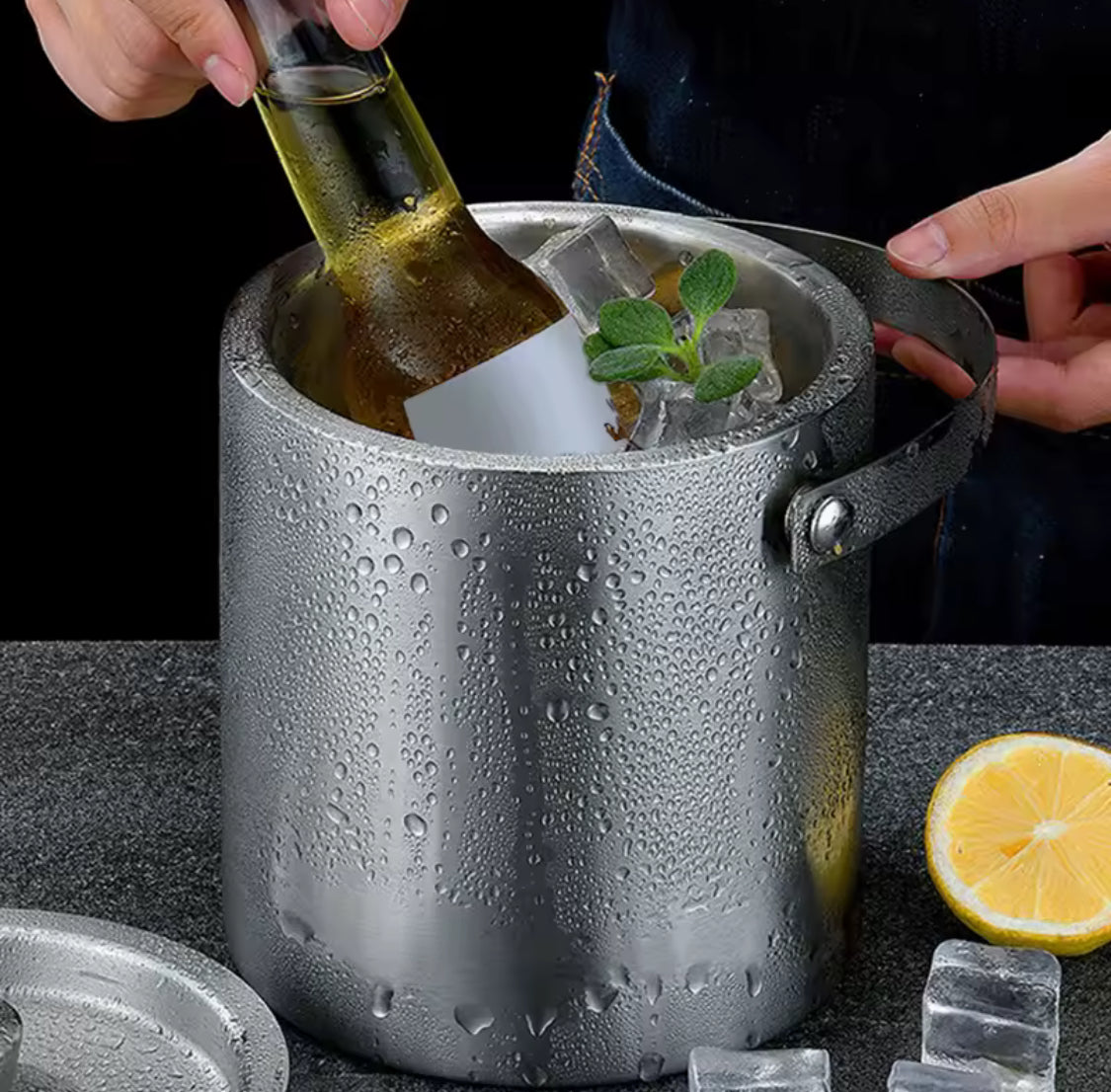 Stainless Steel Ice Buckets With  Ice Tongs, Double Wall Ice Bucket with Lid, Ice Container