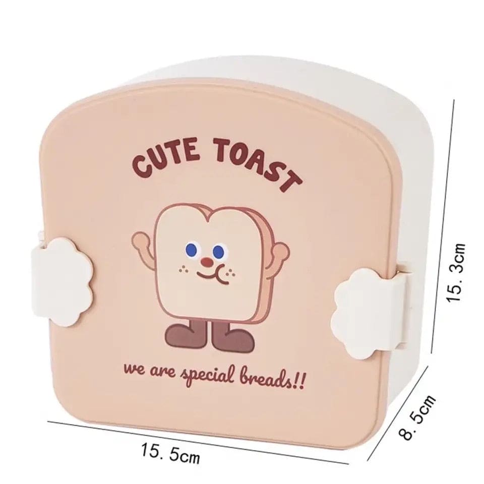 Square Toast Lunch Box, Plastic Partition Bento Box with Lid, Kids School Lunch Box, Snack Food Storage Container, 3 Grids Lunch Box with Cutlery, Cartoon Toast Pattern Students Bento Case for School Office